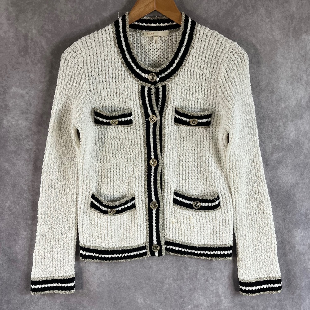 Maje Textured‎ Knit Cardigan Women 0 White Black Gold Button Luxury Lady Jacket
